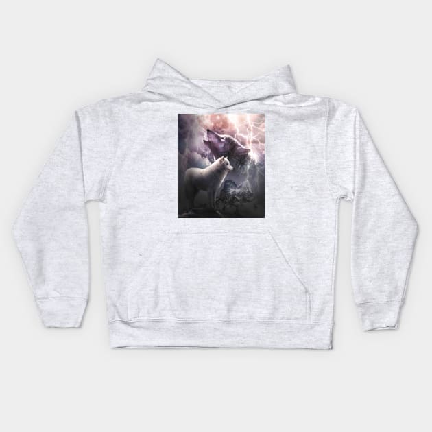 Lightning Wolf Howling At The Moon Kids Hoodie by Random Galaxy